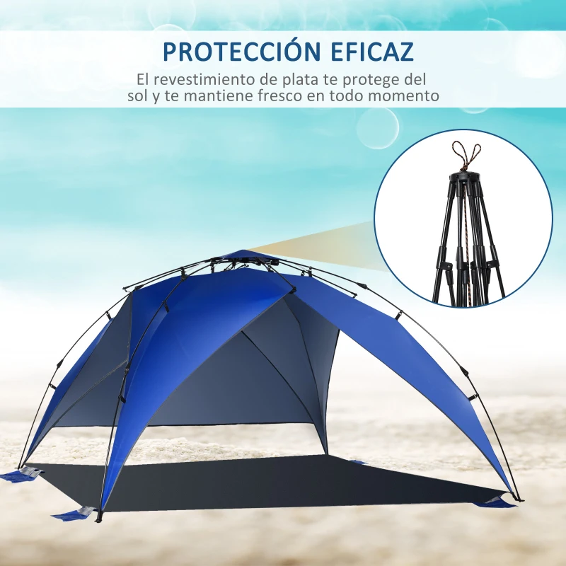 Outsunny Tienda de Playa Plegable con Bolsa de Transporte Apertura Automática Protección UV e Impermeable 247x247x145 cm Azul