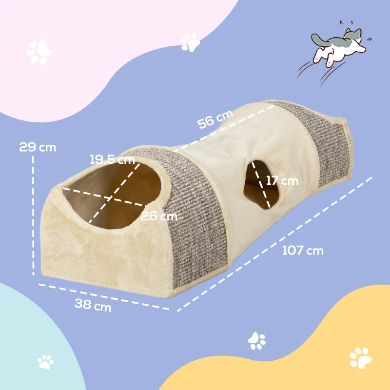 PawHut Katzentunnel mit 3 Öffnungen, plüschig, Sisal-Kratzseil, 107x38x29 cm, Beige/Grau