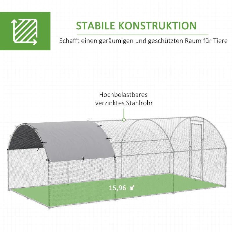 PawHut Hühnerstall Freilaufgehege 2,8x5,7x1,97m mit Schloss Verzinkter Stahl Hühnerhaus mit Wasserdichtem, Anti-UV Dach Freigehege Outdoor Geflügelstall für Hühnerkäfig, Kleintiere Silber