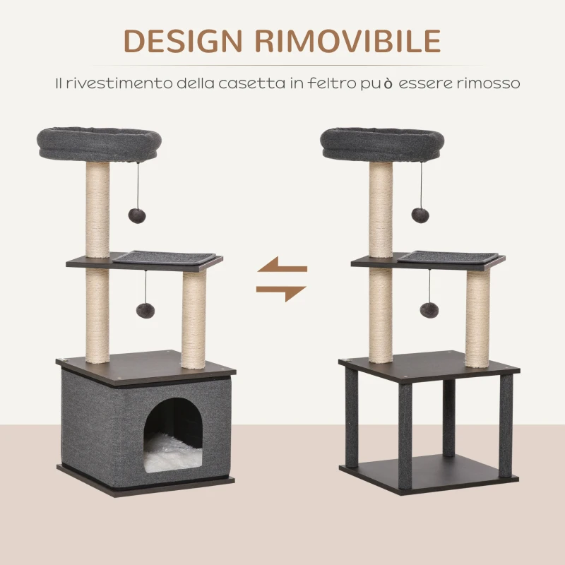 PawHut Albero Tiragraffi per Gatti con Casetta, Lettino e Pali in Sisal, 40x40x104cm, Grigio