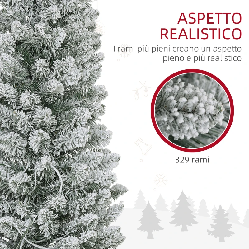 HOMCOM Albero di Natale Innevato con 329 Rami e Luci LED Bianche, in Plastica e Metallo, Ø52x180 cm, Verde