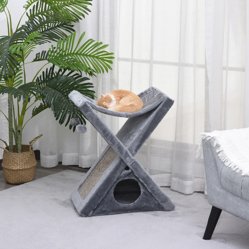 PawHut Arbre à chats pliable design grattoir sisal naturel niche hamac jeu boules suspendues gris