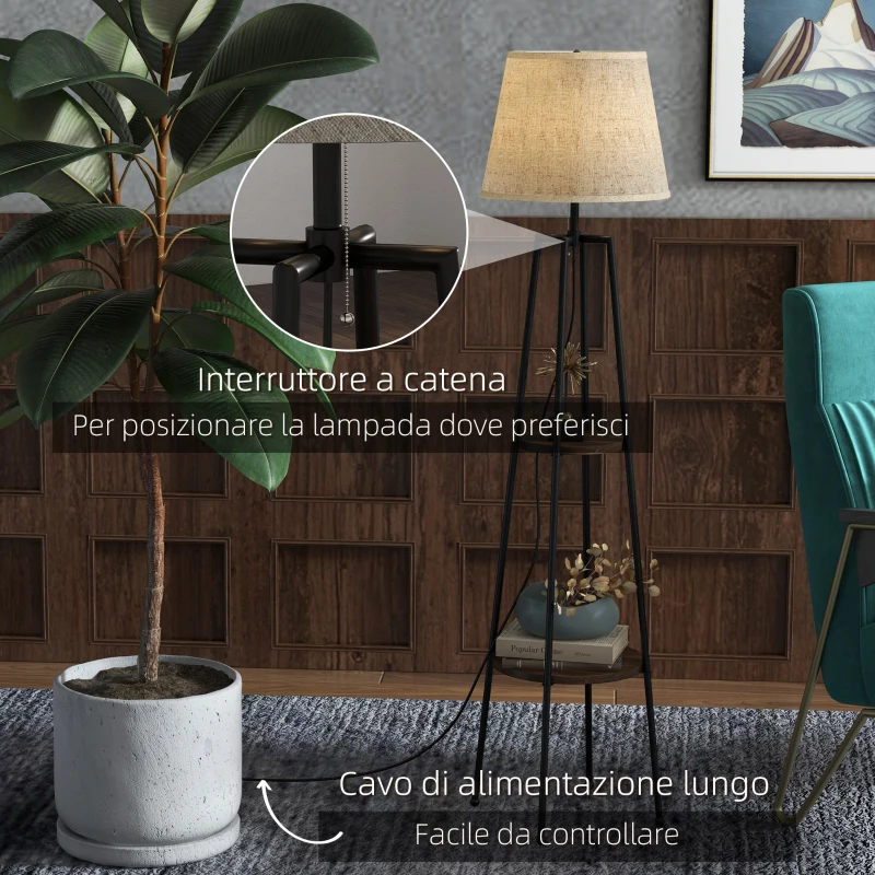 HOMCOM Lampada da Terra a 2 Ripiani in Metallo e MDF con Paralume in Tessuto, Ø42x166 cm, Nero e Marrone