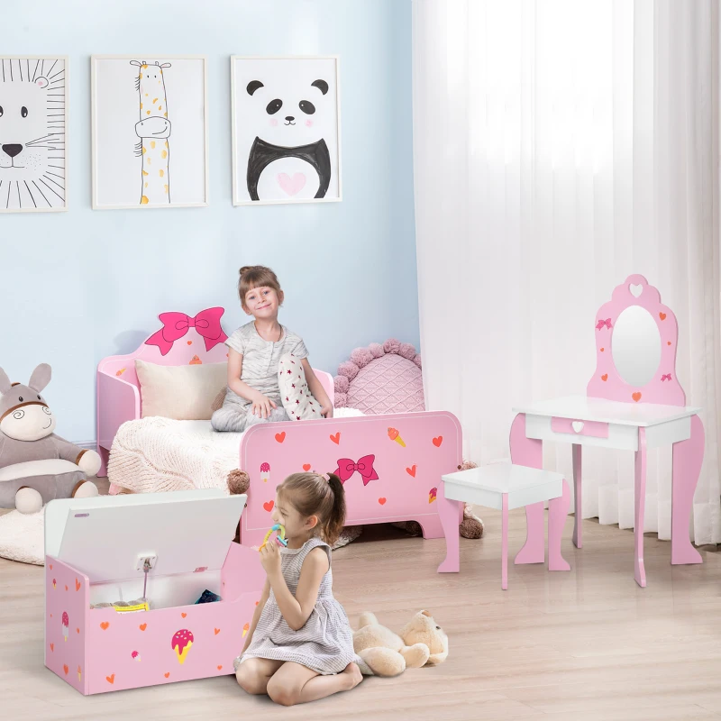 ZONEKIZ 4PCs Kids Bedroom Furniture Set with Bed, Toy Box Bench, Dressing Table and Stool, Princess Themed, for 3-6 Years Old, Pink