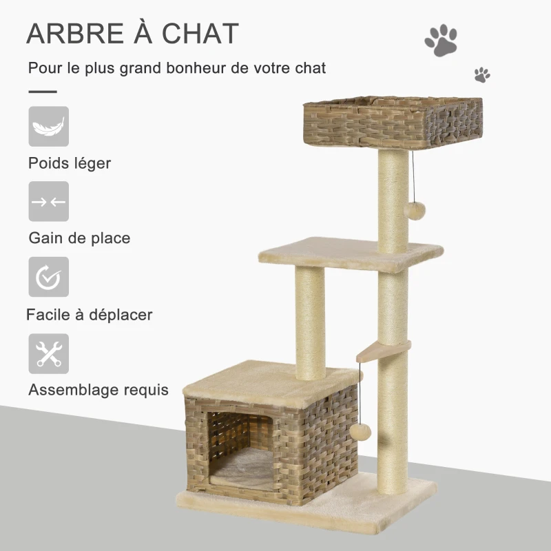 PawHut Arbre à chats style cosy chic griffoirs sisal naturel niche 3 plateformes 2 jeux boules peluche courte résine tressée imitation rotin beige