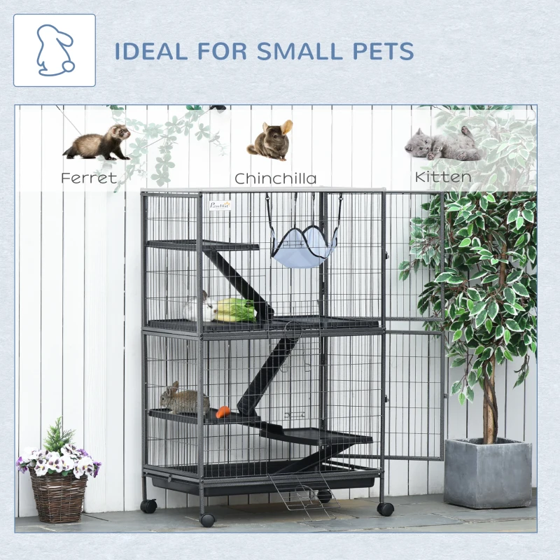 PawHut Small Animal Cage for Chinchilla Ferret Kitten on Wheels with Hammock Removable Tray, Silver Grey