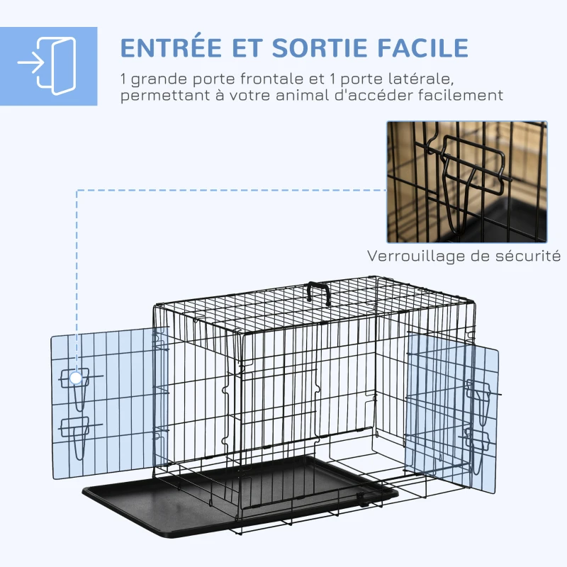 PawHut Cage de transport pliante pour chien poignée, plateau amovible, coussin fourni 74,5L x 46l x 53H cm noir