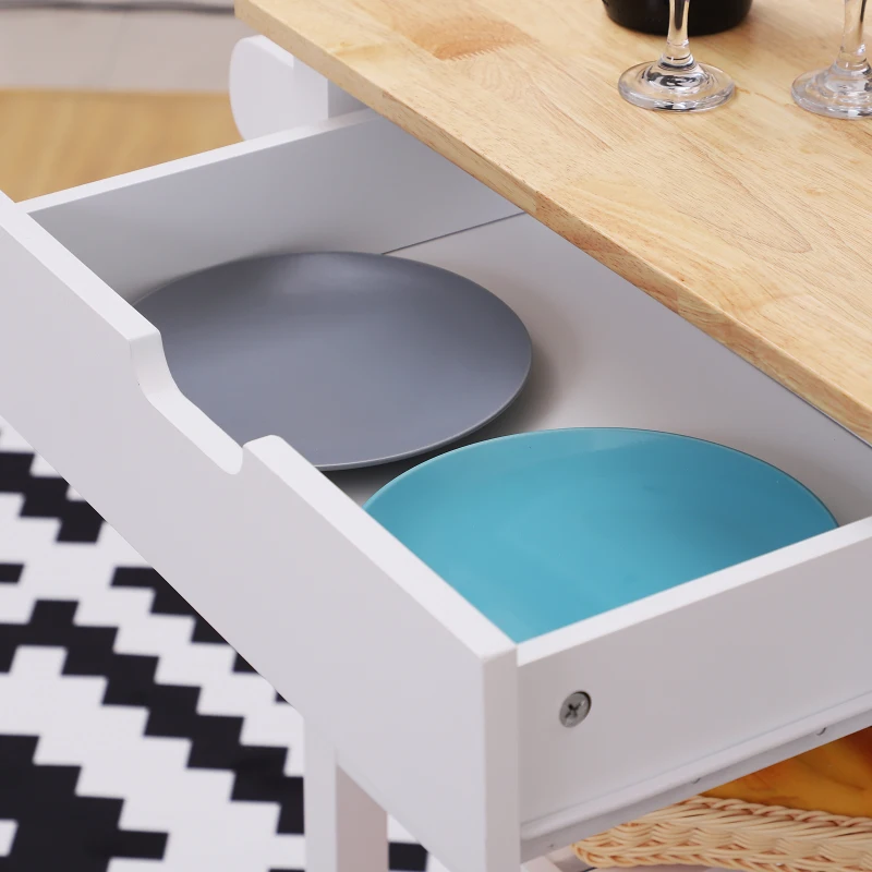 HOMCOM Carrello da Cucina Salvaspazio 2 Ripiani 1 Cassetto 1 Portasciugamani 4 Rotelle, Legno, Bianco, 64x39x84.5cm