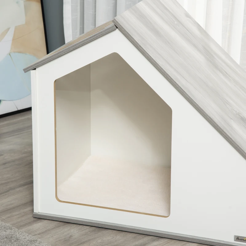 PawHut Caseta de Madera para Perros Interior Casa para Mascotas con Cojín Desenfundable Lavable y 5 Ventilaciones 84,5x54,5x75 cm Blanco