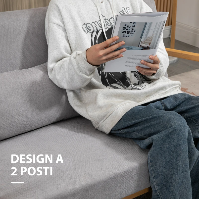 HOMCOM Divano 2 Posti Moderno in Legno con Cuscini, Seduta Imbottita e Tessuto Effetto Velluto, 122x80x72 cm, Grigio