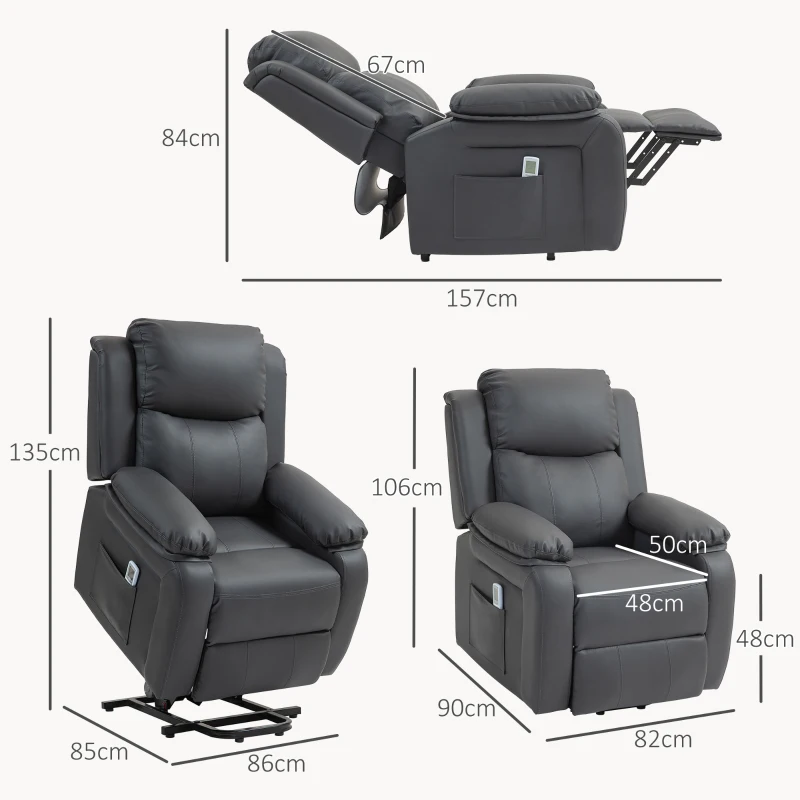 HOMCOM Riser and Recliner Chair with Massage, Power Lift Recliner Chair for Elderly with Remote Control, Extended Footrest, Dual Side Pockets, Overstuffed Electric Reclining Armchair, Dark Grey