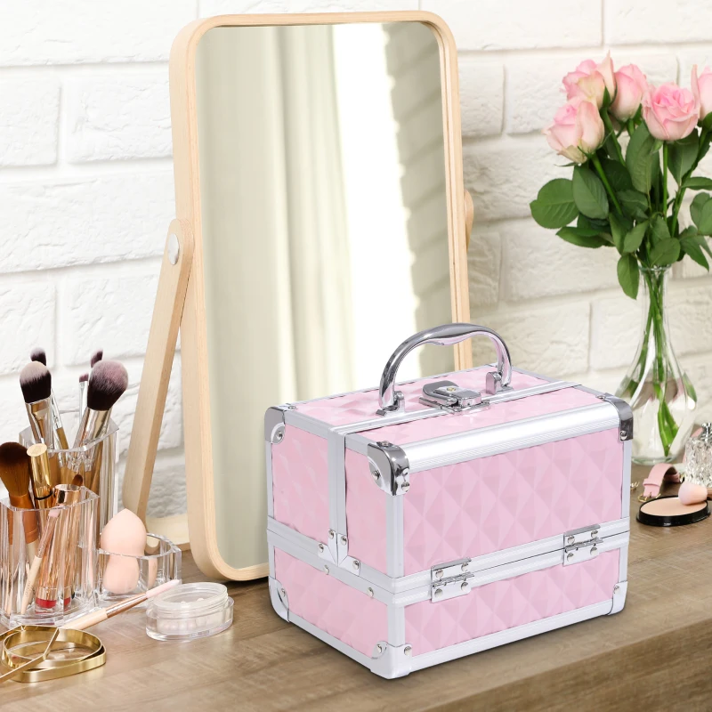 HOMCOM Mallette à maquillage rangement à 3 niveaux avec miroir verrouillage avec 2 clés dim. 20L x 15l x 15H cm rose