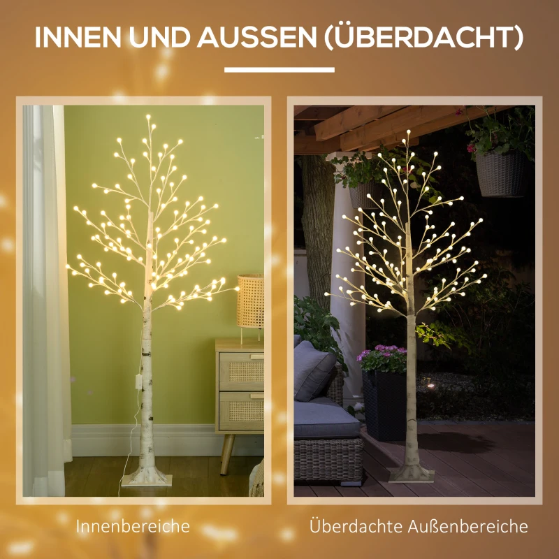 HOMCOM Künstliche Birke mit 120 LED-Lichtern, 3 Helligkeitsstufen, faltbare Äste, IP44, 150 cm, Weiß