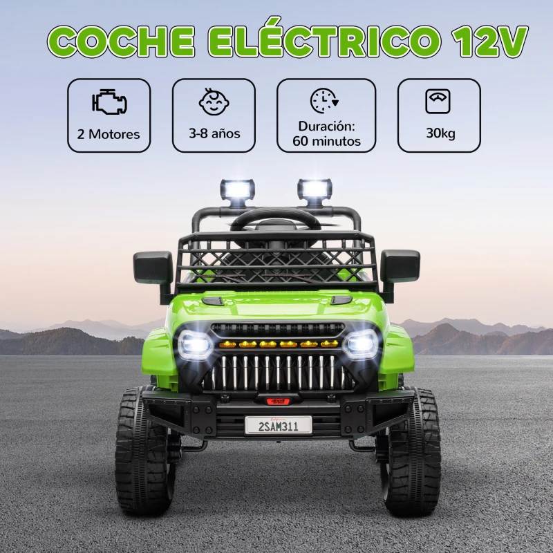 AIYAPLAY Coche Eléctrico para Niños con Batería 12V Mando a Distancia Velocidad Ajustable USB Faros Bocina Verde