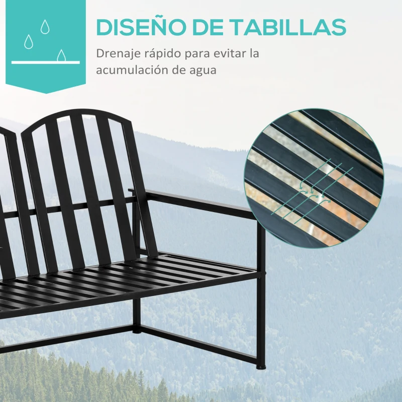 Outsunny Banco de Jardín de 2 Plazas Metal con Respaldo Alto y Reposabrazos para Exterior Parque Patio Terraza Estilo Rústico Carga Máx. 220 kg 108x63x80,5 cm Negro