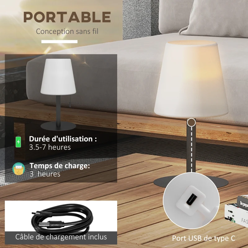 Outsunny Lampe de table à LED sans fil avec batterie rechargeable, USB, luminosité réglable, IP44, idéal pour extérieur ou intérieur