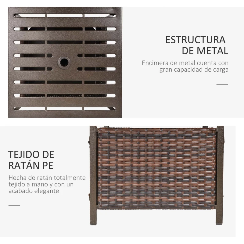 Outsunny Mesa de Comedor Exterior de Ratán Mesa Auxiliar con Orificio para Sombrilla de Acero con Mesa Cuadrada para Jardín Terraza Patio 55,5x55,5x46 cm Marrón