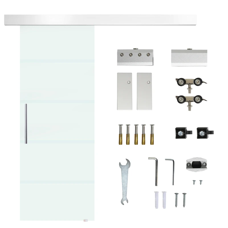 HOMCOM Puerta Corredera de Cristal Satinado 75x210 cm Puerta Corrediza con Riel Tirador y Cristal de Seguridad Translúcido