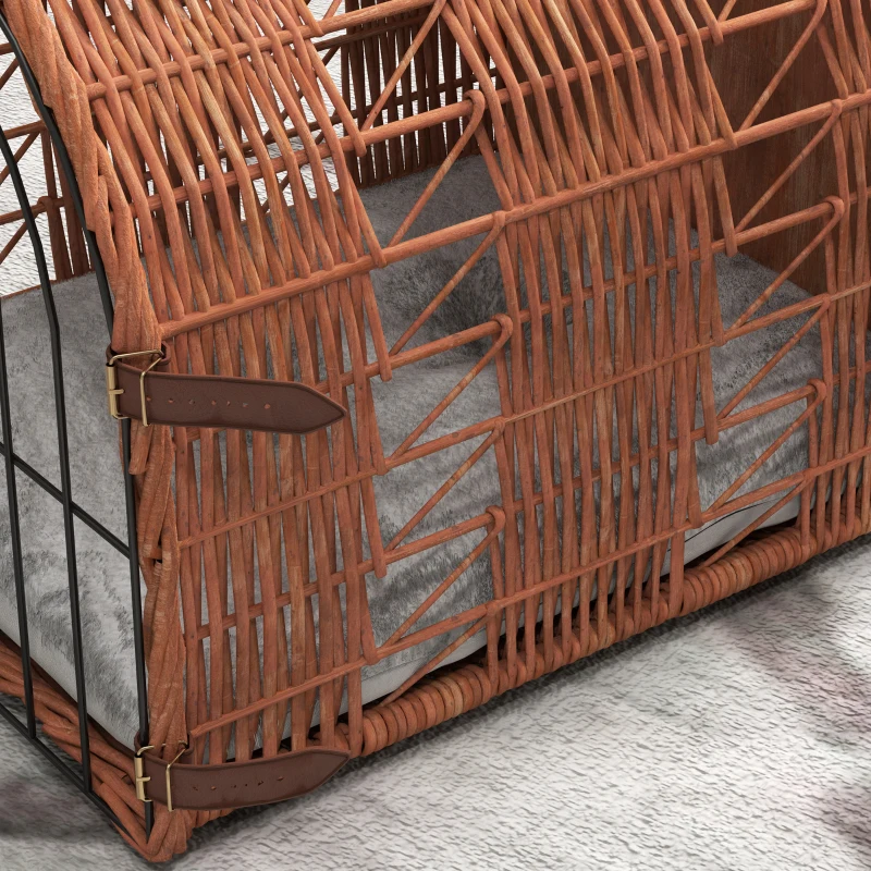 PawHut Transporttasche für Katze Hund aus Weide geflochten Korbhöhle mit Kissen Gitter für Transport Katzen Hunden Braun Metall 42 x 35 x 37 cm