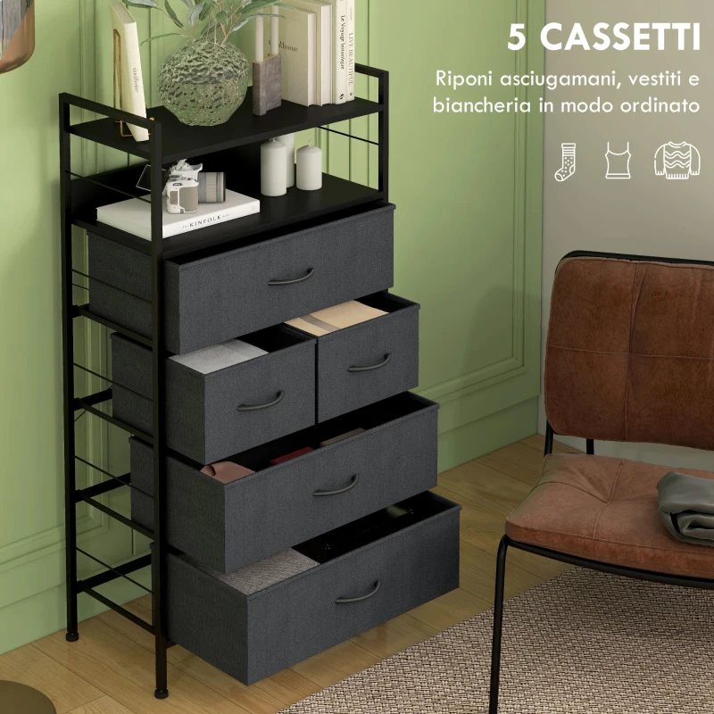 HOMCOM Cassettiera 5 Cassetti Moderna in Tessuto non Tessuto, Acciaio e MDF, 58x30x120 cm, Nera