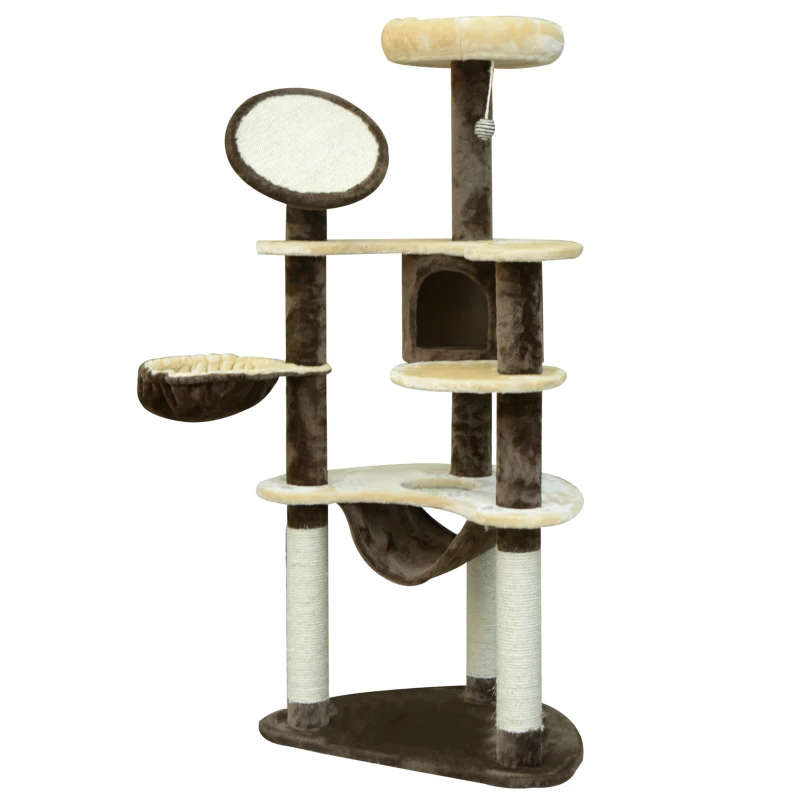 PawHut Arbre à chats centre d'activités griffoirs grattoir sisal niche hamac plateformes boule suspendue revêtement peluche courte 65L x 50l x 153H cm beige café