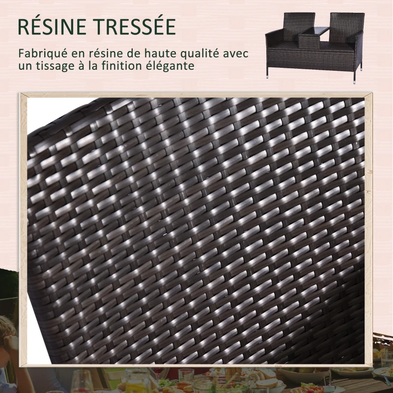 Outsunny Banc de jardin design contemporain 133L x 63l x 84H cm banc double chaise avec coussins assise + tablette intégrée résine tressée chocolat polyester crème