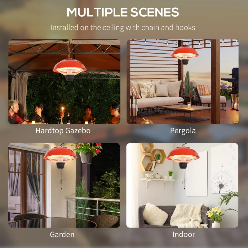 Outsunny 1500W Garden Electric Halogen Outdoor Heater Hanging Lamp Aluminum Outdoor Ceiling Mounted Heat Warmer - Red