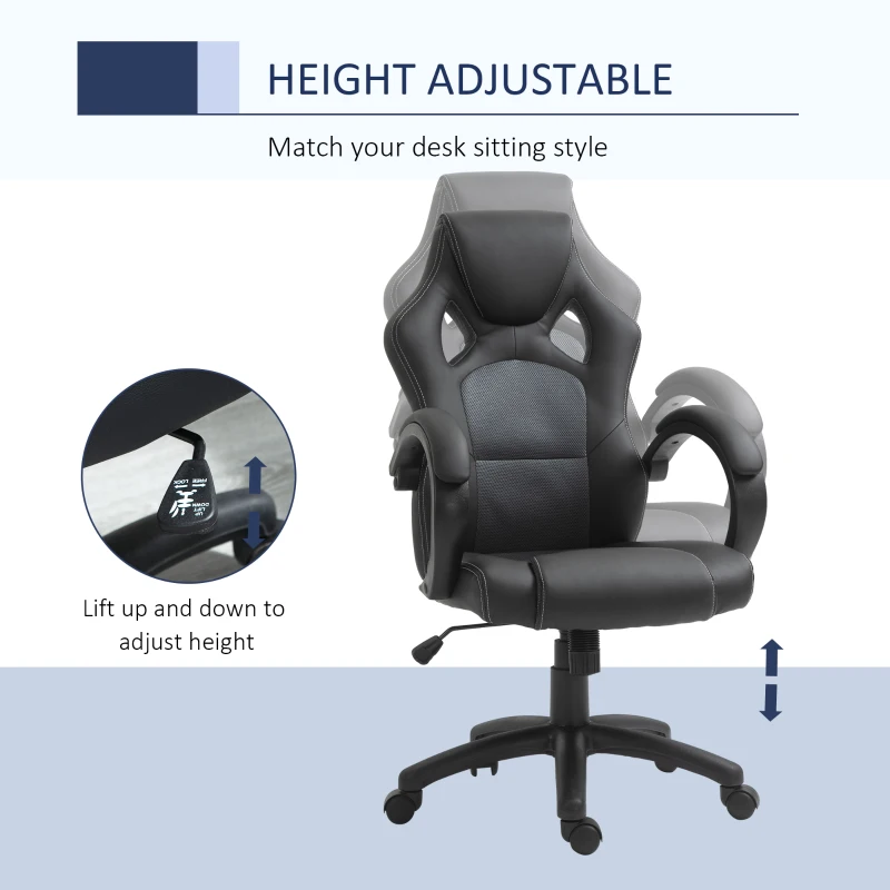 HOMCOM Office Chair Faux Leather Swivel Computer Desk Chair for Home Office with Wheels Armrests Gray
