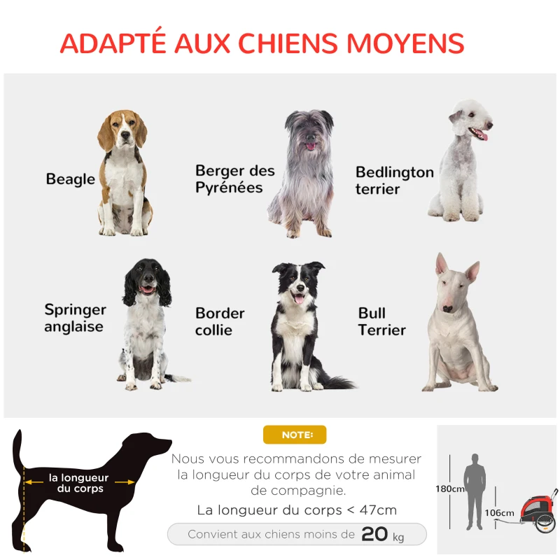 PawHut Remorque à vélo et poussette pour animaux de compagnie conception 2 en 1 pliable en tissu Oxford 4 réflecteurs drapeau inclus 162 x 74 x 85 cm rouge et noir
