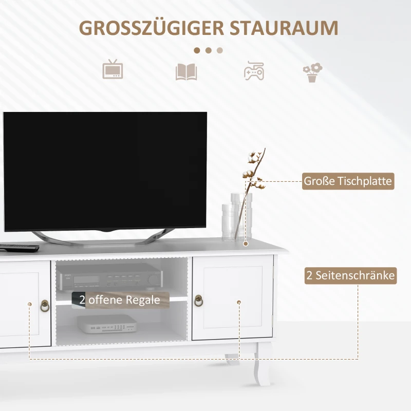 HOMCOM TV Lowboard Fernsehtisch mit 2 Regale und 2 Schränke Fernsehschrank Holzfüße für Fernseher bis zu 50" Wohnzimmer MDF Weiß 120x45x50,5 cm