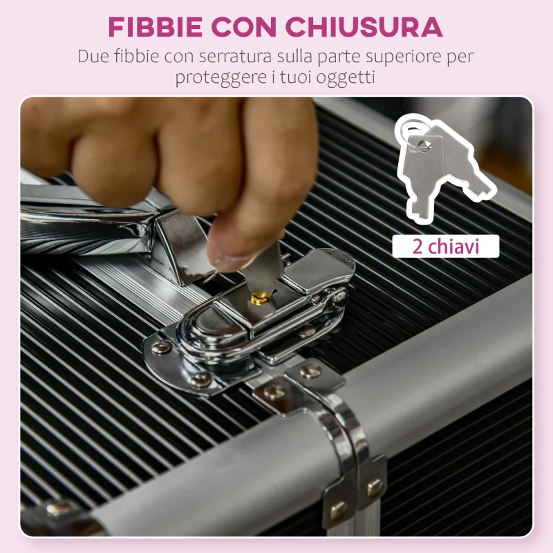 HOMCOM Trolley Valigetta Porta Trucchi Professionale, Blocco con 2 Chiavi e Ruote, Nero 36x23x52cm