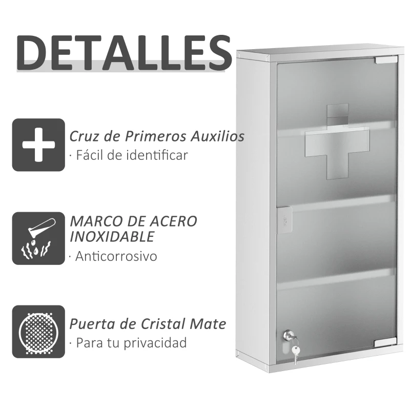HOMCOM Armario de Medicinas Botiquín Gabinete de Primero Auxilios Acero Inox 4 Estantes Caja Colgante de Pared con Cerradura