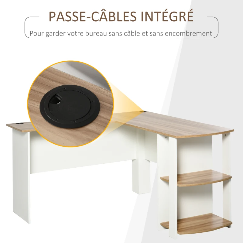 HOMCOM Bureau informatique bureau d'angle contemporain avec étagères en panneaux de particules idéal pour maison dortoir 136 x 130 x 72 cm bicolore imitation noyer clair blanc