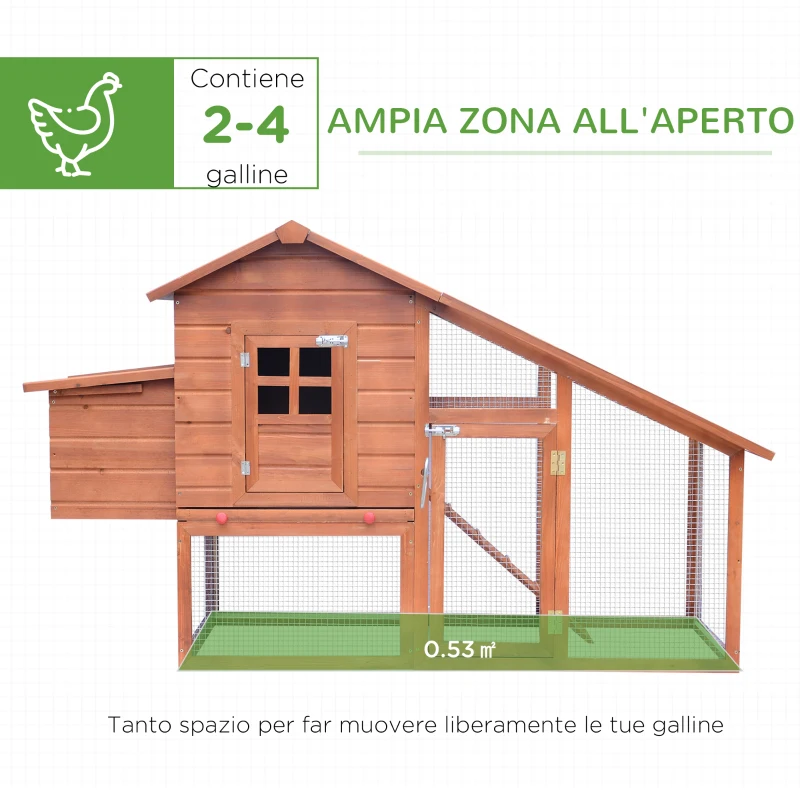 PawHut Pollaio in Legno con Casetta, Nido di Cova e Area Aperta, per 2-4 Galline, 190x66x116cm, Arancione