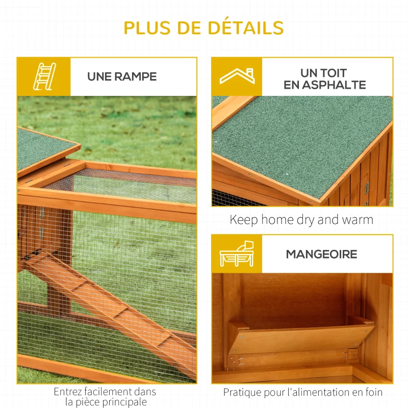 PawHut Clapier cage à lapins rongeurs 2 étages tiroir déjection enclos extérieur amovible toit ouvrant 156L x 58l x 68H cm bois massif pin