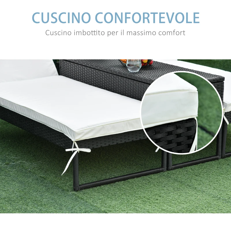 Outsunny 3pz Componibile 2 Lettinio Prendisole da Giardino(60 x 195 x 86cm) e 1 Tavolino (121 x 40 x 50cm) Rattan con Materassini, Nero e Bianco Crema