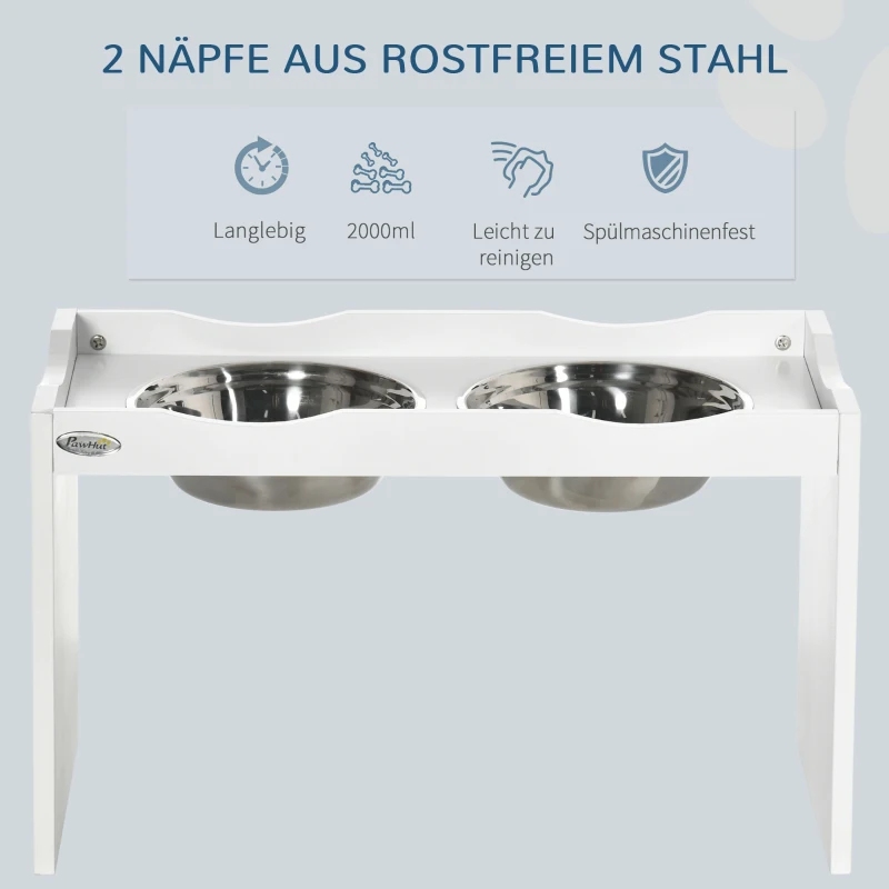 PawHut Futterstation, Napfständer, 2 Fressnäpfe je 2 Liter, Edelstahl, für große Hunde, weiß, 63 x 30 x 24cm