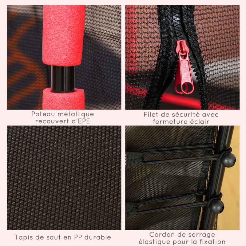 HOMCOM Trampoline pour enfant Ø 1,63 x 1,63 m filet de sécurité porte zippée 6 poteaux rembourrés inclus rouge noir