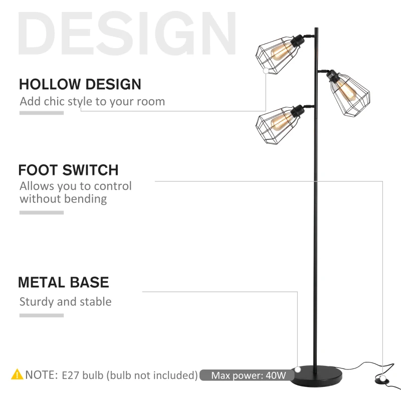 HOMCOM Retro Practical Tree Floor Lamp 3 Angle Adjustable Lampshade Steel Base for Living Room Bedroom Office Black 165cm