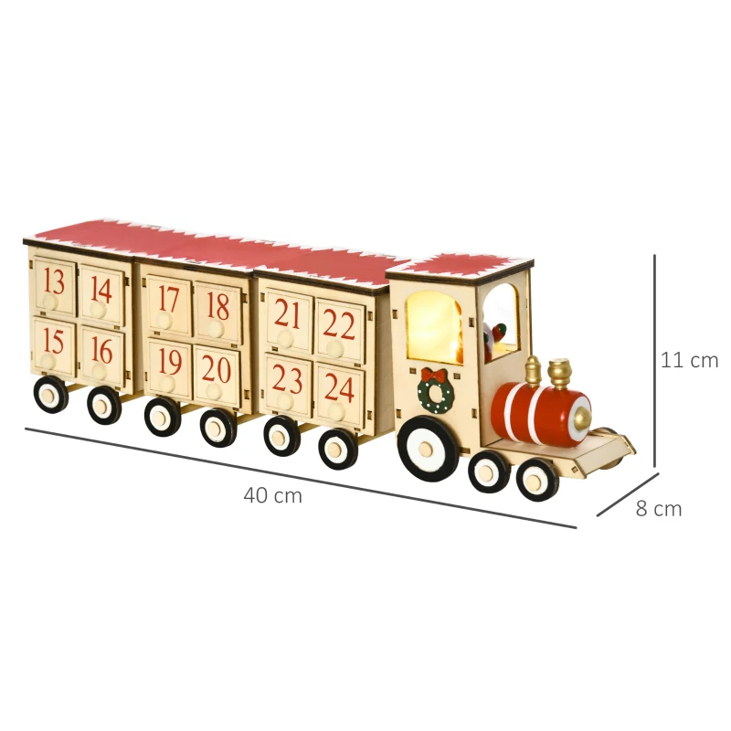 HOMCOM Calendario de Adviento de Navidad con Luz LED Decoración Navideña Modelo Tren 40x8x11 cm Natural