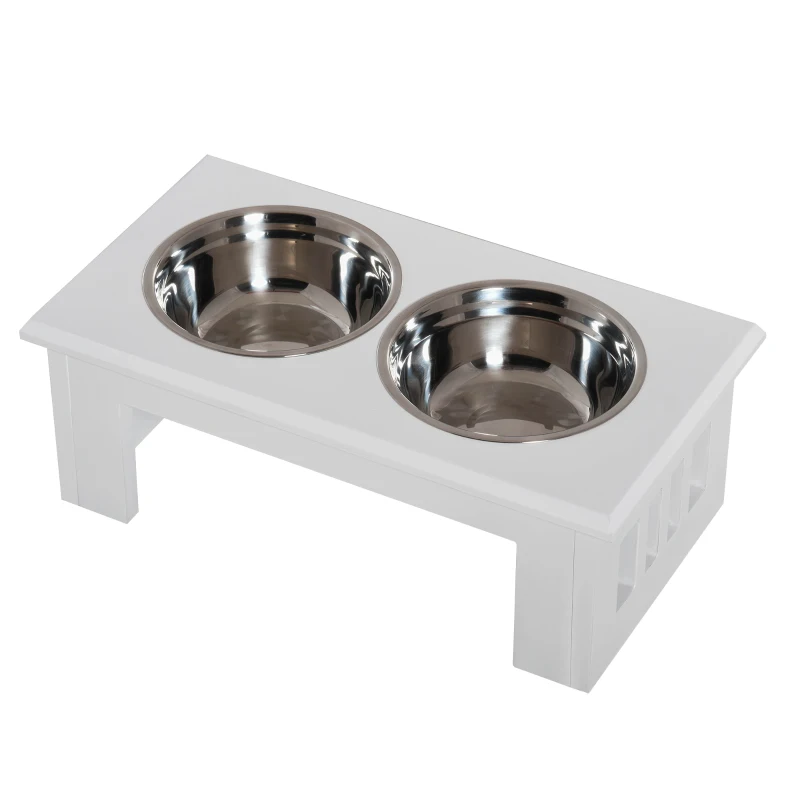 PawHut Ciotole Rialzate per Cani Piccoli e Taglia Media, Supporto in MDF con 2 Ciotole in Acciaio, Bianco