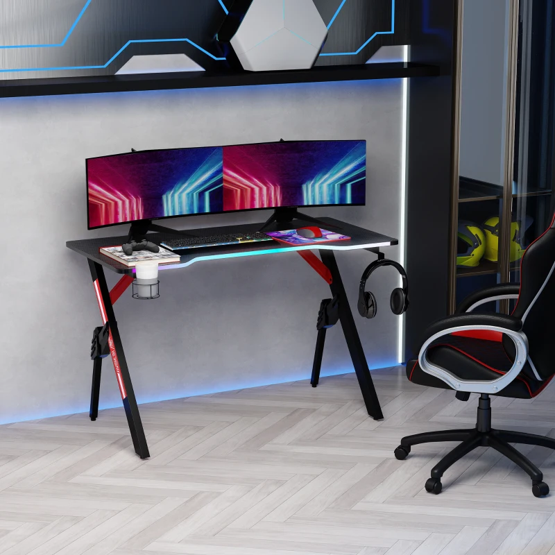 HOMCOM 1.2m Gaming Desk w/ RGB Light Steel Frame | Racing Style Computer Table w/ Cup Holder Headphone Cable Management | Study Workstation Home Bedroom - Black