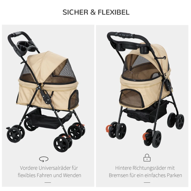 PawHut Hundewagen Hundebuggy, klappbar, 2 Sicherheitsleinen, 2 Becherhalter, 67 x 45 x 96 cm, Khaki(m-5)