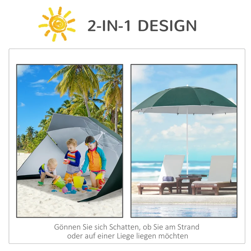 Outsunny 2 in 1 Sonnenschirm Strand Ø 210 cm UPF 50+ windfest Strandschirm mit Seitenwänden Tragtasche Balkon-Schirm faltbarer Gartenschirm Sonnenschutz für Reisen, Strand, Balkon Camping Dunkelgrün
