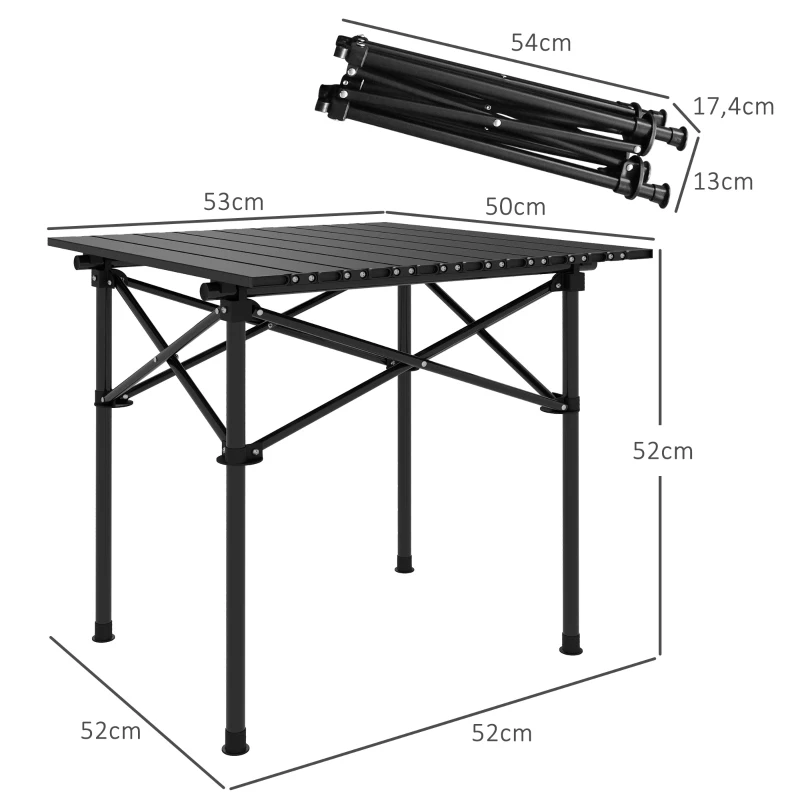 Outsunny Mesa de Camping Plegable y Portátil con Parte Superior Enrollable y Estructura Metálica Carga 30 kg 52x52x52 cm Negro