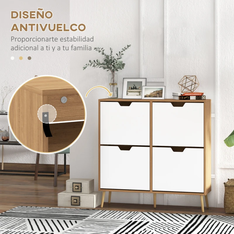 HOMCOM Mueble Zapatero con 4 Cajones Abatibles y Estantes Ajustables Armario de Zapatos para 16 Pares 95x26x95 cm Natural(m-7)