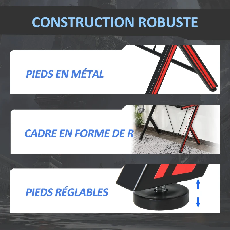 HOMCOM Bureau Gaming Table Bureau pour Ordinateur de Jeu avec Crochet et Porte-Gobelet Patins Réglables 120 x 60 x 75 cm Noir et Rouge