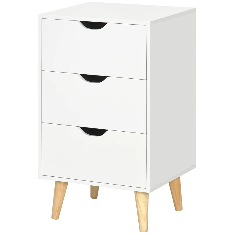 HOMCOM Bedside Table, Bedside Cabinet with 3 Drawers, Side End Table with Pine Wood Legs for Bedroom Living Room, White