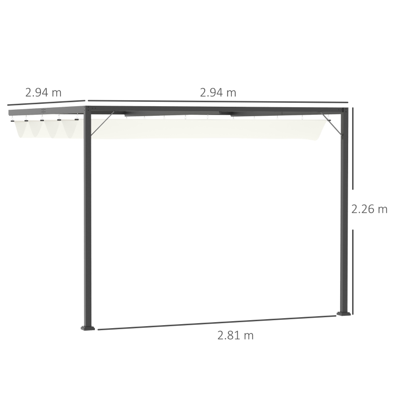 Outsunny Gazebo Pergola 3x3m da Giardino in Metallo con Tettuccio Scorrevole Bianco Crema, Pergola da Giardino a Parete