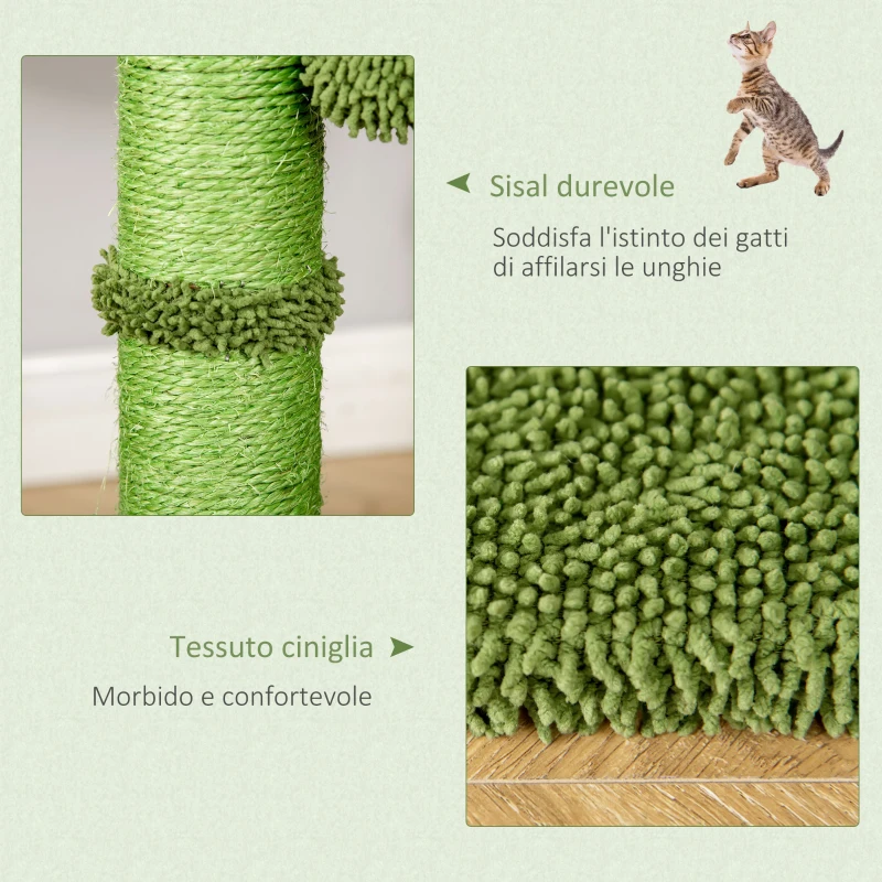 PawHut Albero Tiragraffi per Gatti fino 4.5kg a Forma di Cactus con Palline e Amaca, 40x40x96cm - Verde